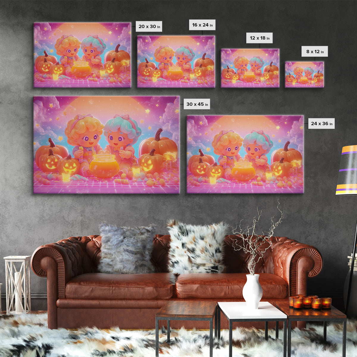 The Pumpkin Potion Twins, Cute Spooky Neon Art, Landscape Wall Art, Canvas Print, Retro Halloween Decor, Neon Wall Art
