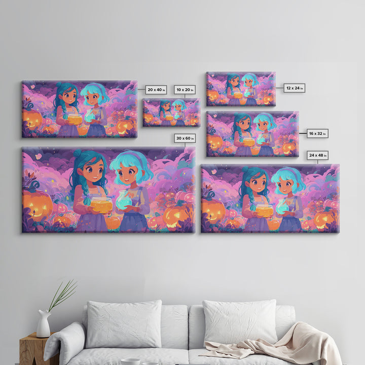 The Pumpkin Potion Twins, 80s Halloween Wall Art, Wide Panoramic Art, Canvas Print, Retro Halloween Decor, Neon Wall Art, Spooky Wall Decor