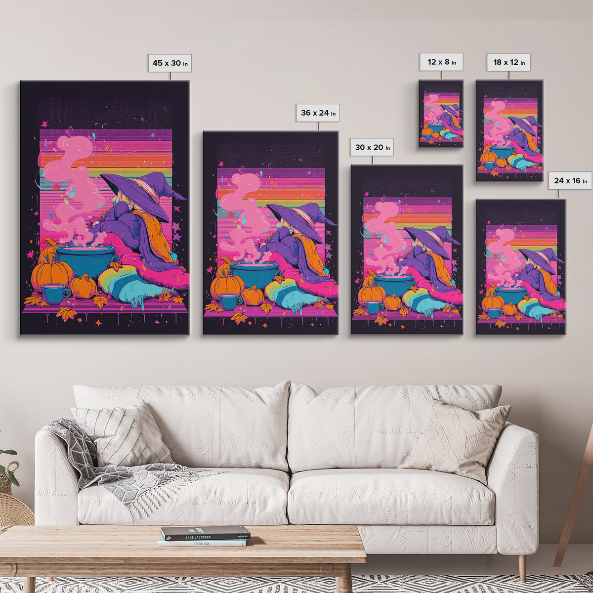 The Rainbow-Cauldron Witch, Vaporwave Halloween Decor, Vertical Wall Art, Canvas Print, Retro Halloween Decor, Neon Wall Art
