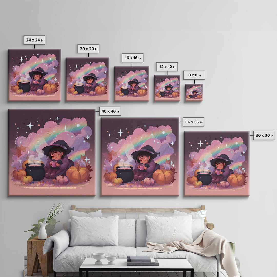 The Rainbow-Cauldron Witch, Vaporwave Halloween Decor, Square Wall Art, Framed Canvas Print, Retro Halloween Decor, Neon Wall Art