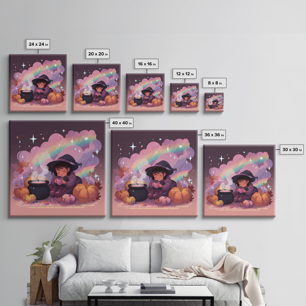 The Rainbow-Cauldron Witch, Vaporwave Halloween Decor, Square Wall Art, Framed Canvas Print, Retro Halloween Decor, Neon Wall Art