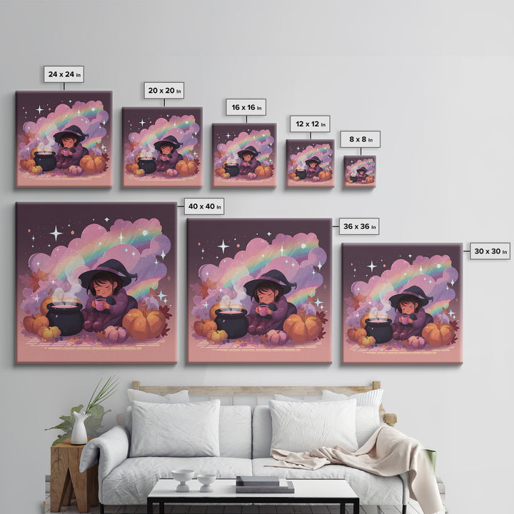 The Rainbow-Cauldron Witch, Vaporwave Halloween Decor, Square Wall Art, Framed Canvas Print, Retro Halloween Decor, Neon Wall Art