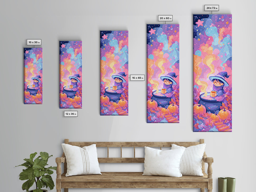 The Rainbow-Cauldron Witch, Retro Neon Halloween Art, Tall Narrow Wall Art, Framed Canvas Print, Retro Halloween Decor, Neon Wall Art