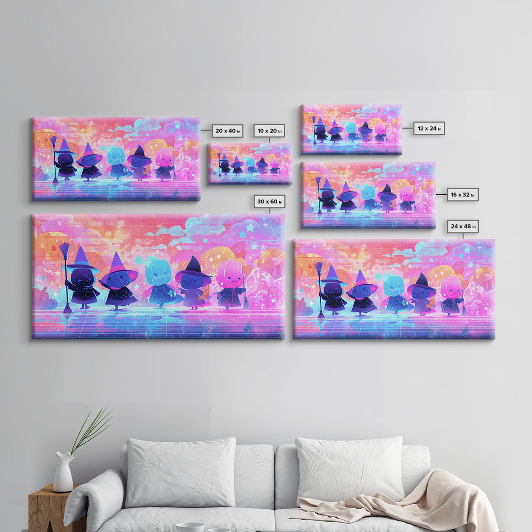 The Stardust Apprentice, Vaporwave Halloween Decor, Wide Panoramic Art, Canvas Print, Retro Halloween Decor, Neon Wall Art