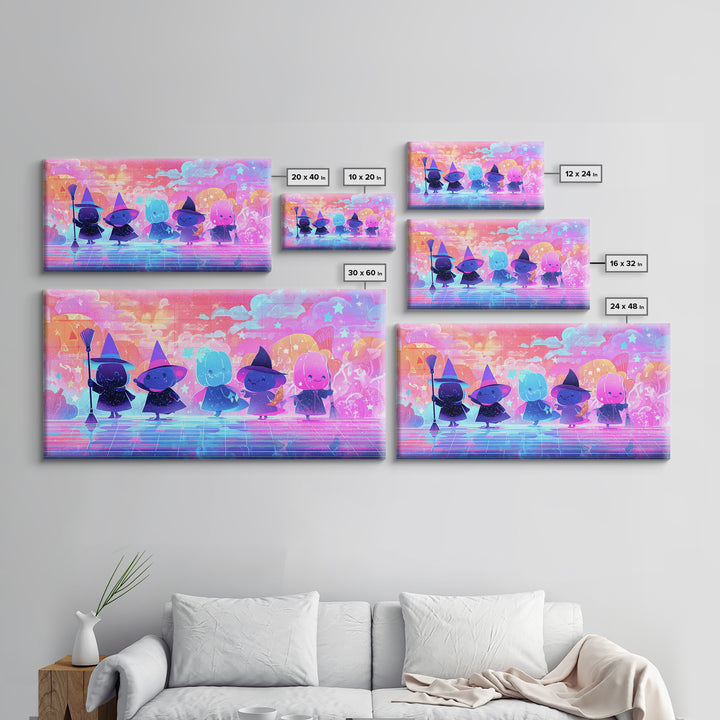 The Stardust Apprentice, Vaporwave Halloween Decor, Wide Panoramic Art, Canvas Print, Retro Halloween Decor, Neon Wall Art