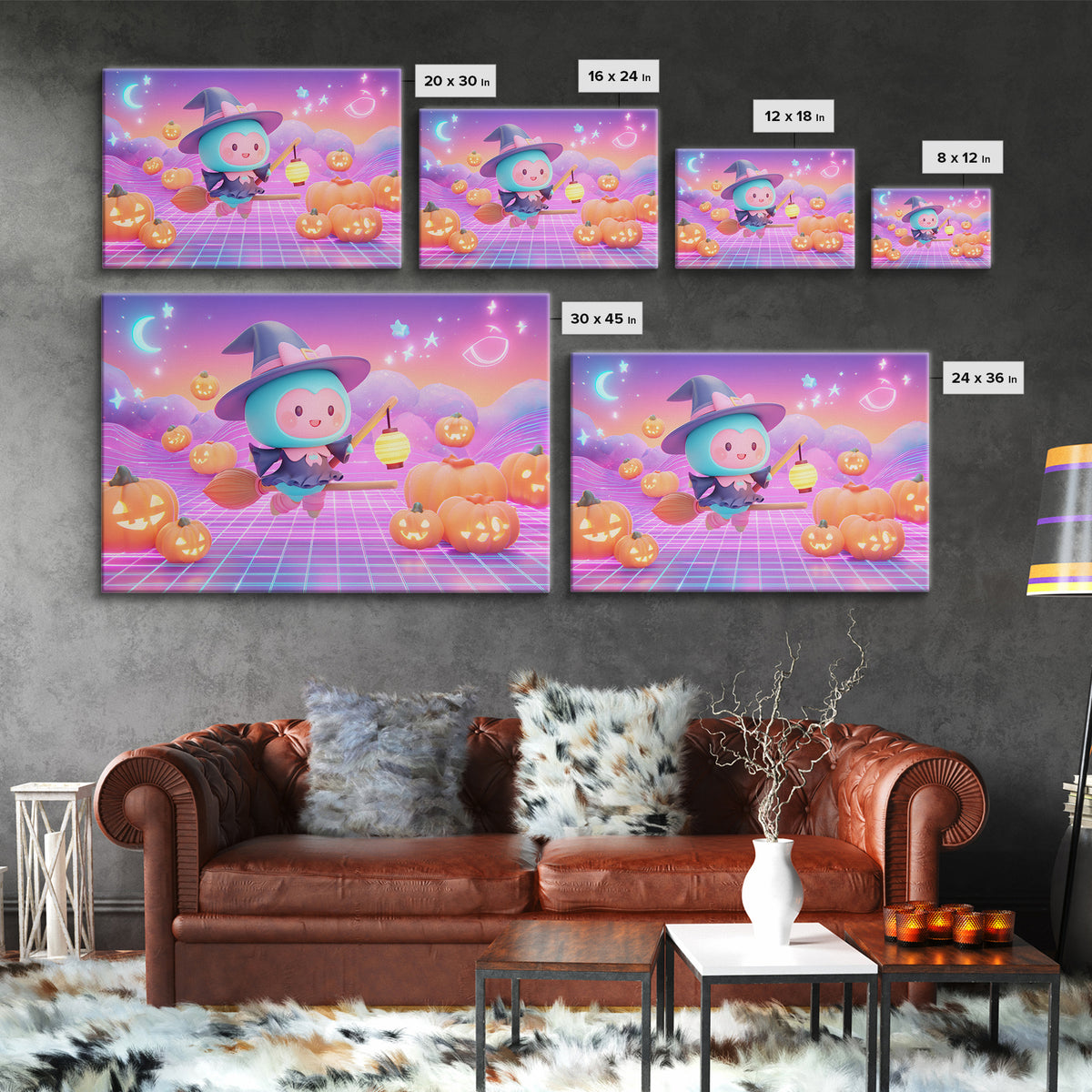 The Broomstick Riding Lesson, Synthwave Halloween Art, Landscape Wall Art, Canvas Print, Retro Halloween Decor, Neon Wall Art