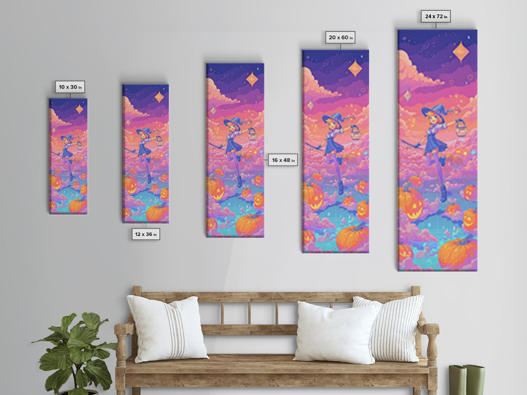 The Broomstick Riding Lesson, 80s Halloween Wall Art, Tall Narrow Wall Art, Framed Canvas Print, Retro Halloween Decor, Neon Wall Art