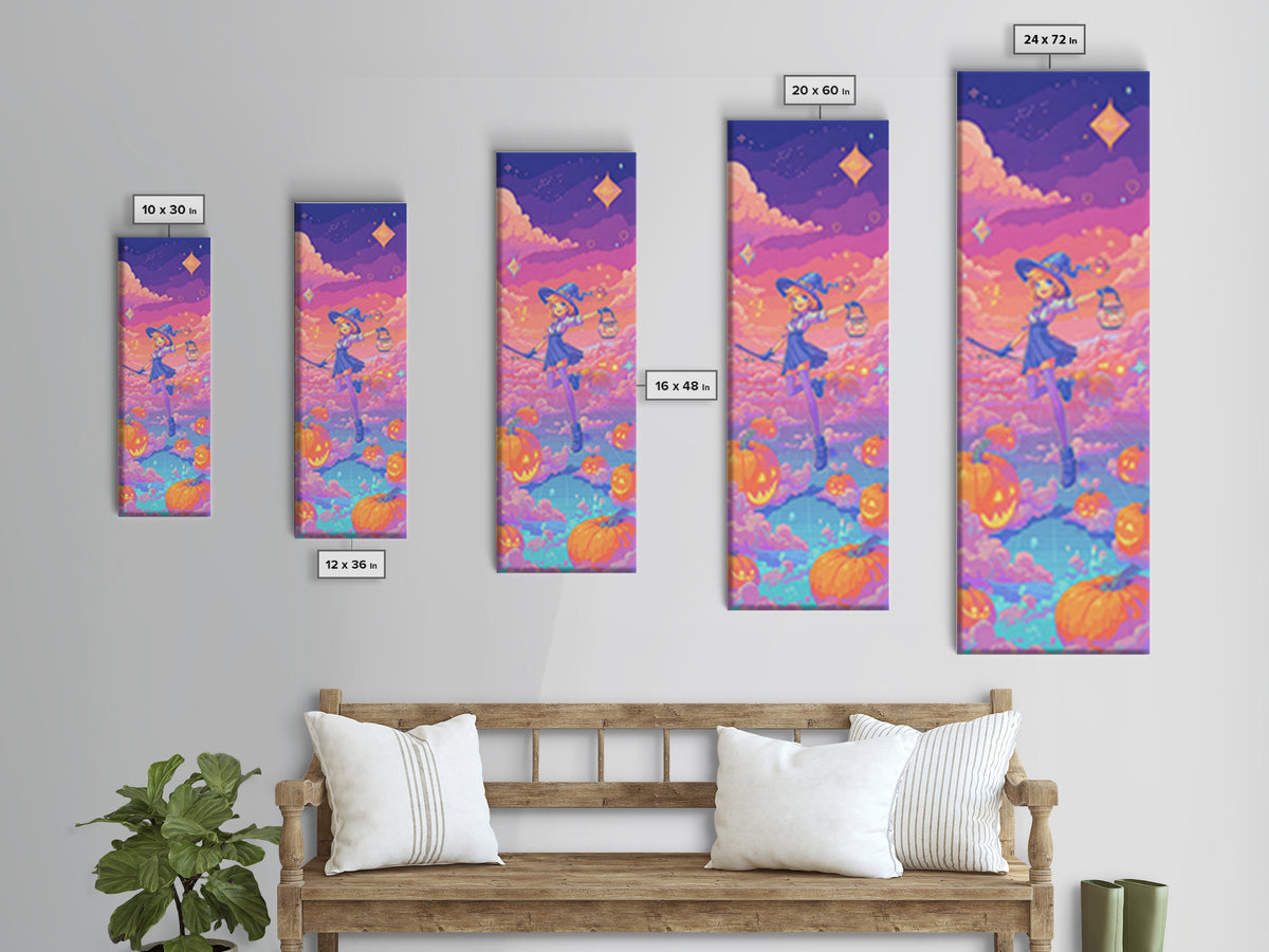 The Broomstick Riding Lesson, 80s Halloween Wall Art, Tall Narrow Wall Art, Framed Canvas Print, Retro Halloween Decor, Neon Wall Art
