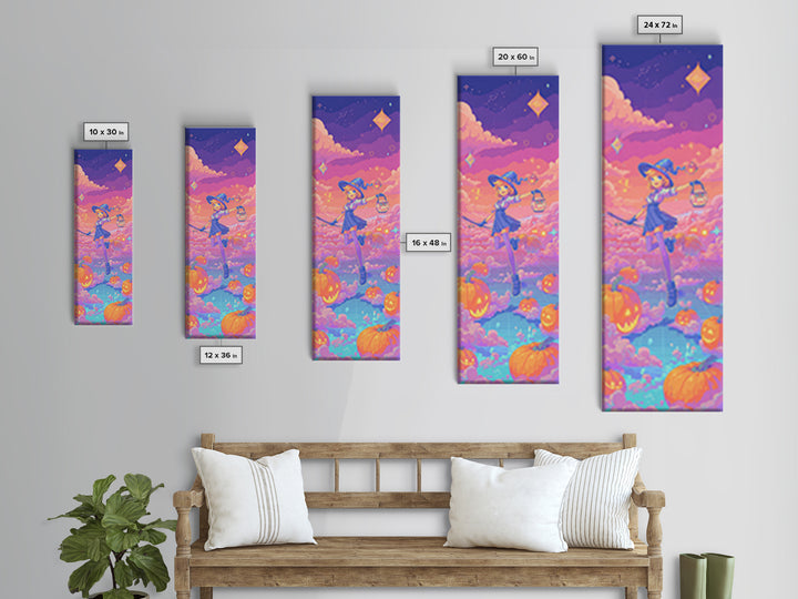 The Broomstick Riding Lesson, 80s Halloween Wall Art, Tall Narrow Wall Art, Framed Canvas Print, Retro Halloween Decor, Neon Wall Art