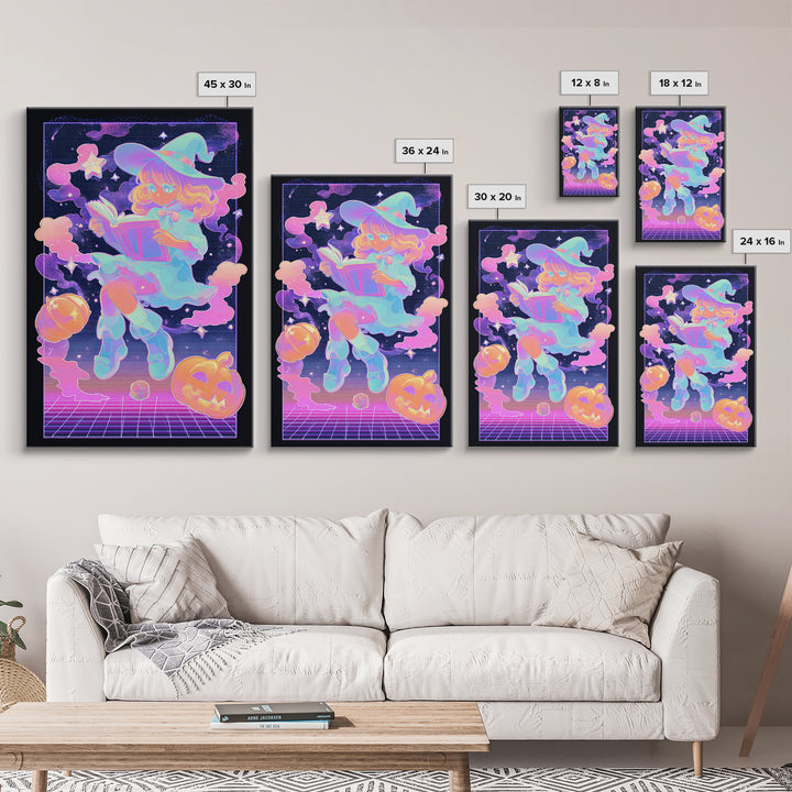 The Spellbook Sleepover, Synthwave Halloween Art, Vertical Wall Art, Canvas Print, Retro Halloween Decor, Neon Wall Art
