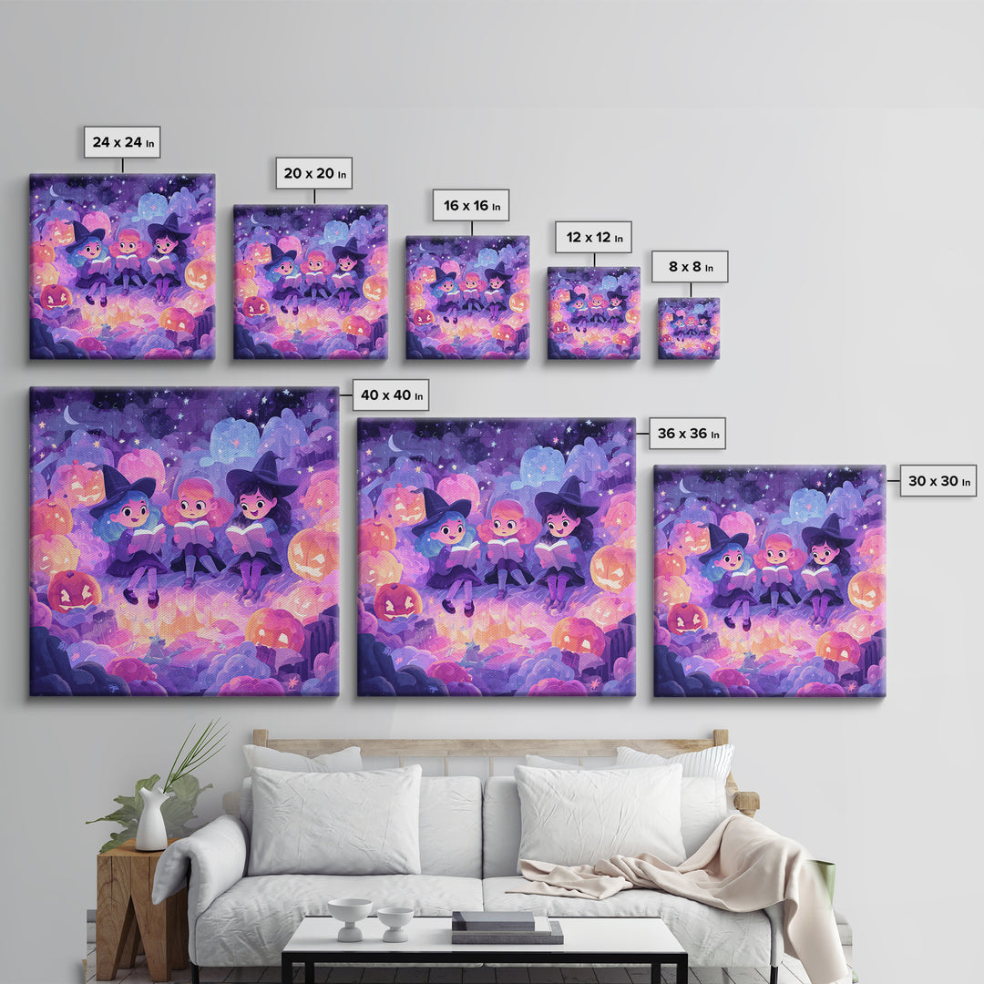 The Spellbook Sleepover, Retro Neon Halloween Art, Square Wall Art, Canvas Print, Retro Halloween Decor, Neon Wall Art, Statement Wall Art