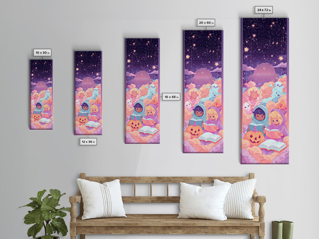 The Spellbook Sleepover, 80s Halloween Wall Art, Tall Narrow Wall Art, Canvas Print, Retro Halloween Decor, Neon Wall Art, Macabre Wall Art