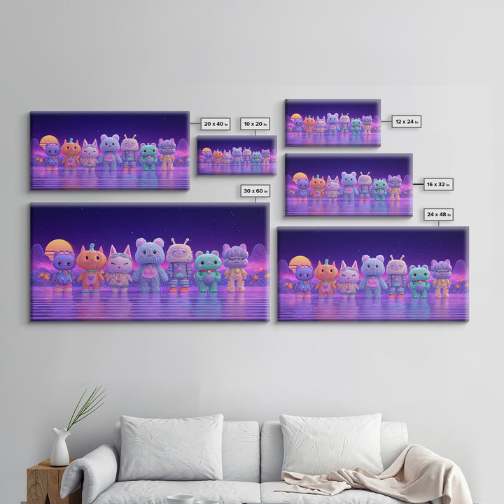 The Friendly Familiar Club, 80s Halloween Wall Art, Wide Panoramic Art, Canvas Print, Retro Halloween Decor, Neon Wall Art
