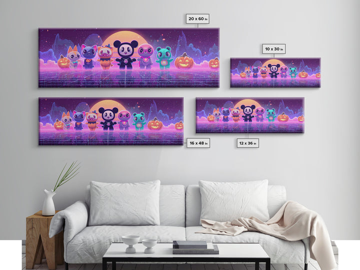 The Friendly Familiar Club, Cute Spooky Neon Art, Extra Wide Wall Art, Canvas Print, Retro Halloween Decor, Neon Wall Art