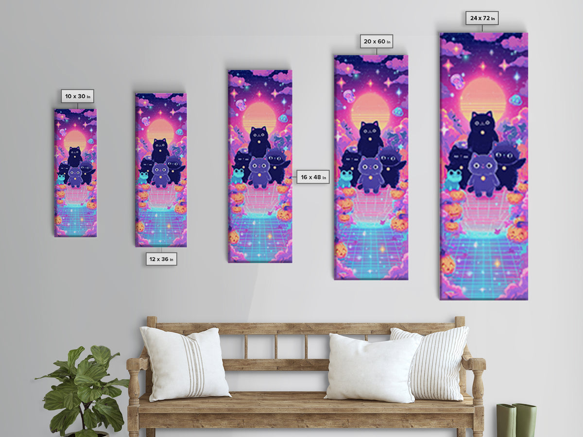 The Friendly Familiar Club, Vaporwave Halloween Decor, Tall Narrow Wall Art, Canvas Print, Retro Halloween Decor, Neon Wall Art