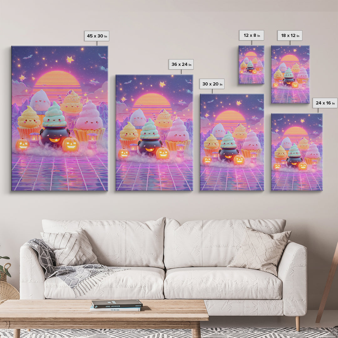 The Cupcake Cauldron Class, Vaporwave Halloween Decor, Vertical Wall Art, Canvas Print, Retro Halloween Decor, Neon Wall Art