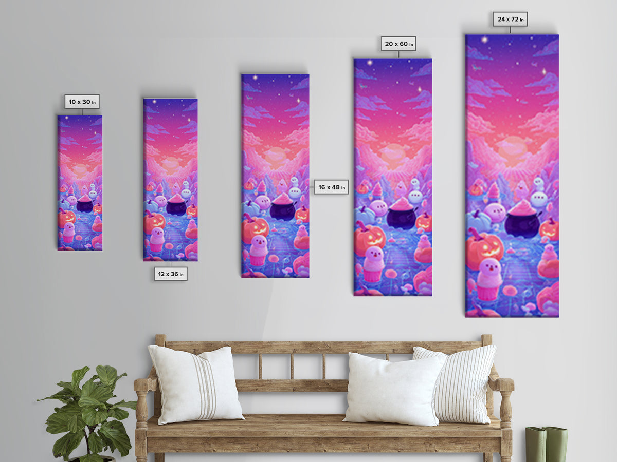 The Cupcake Cauldron Class, Synthwave Halloween Art, Tall Narrow Wall Art, Framed Canvas Print, Retro Halloween Decor, Neon Wall Art