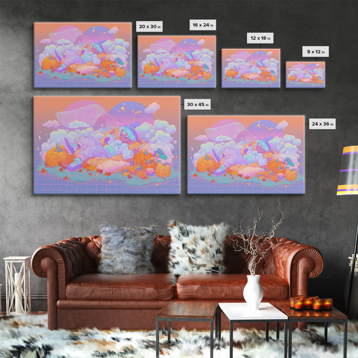 The Cloud-Catching Wizard, Cute Spooky Neon Art, Landscape Wall Art, Canvas Print, Retro Halloween Decor, Neon Wall Art