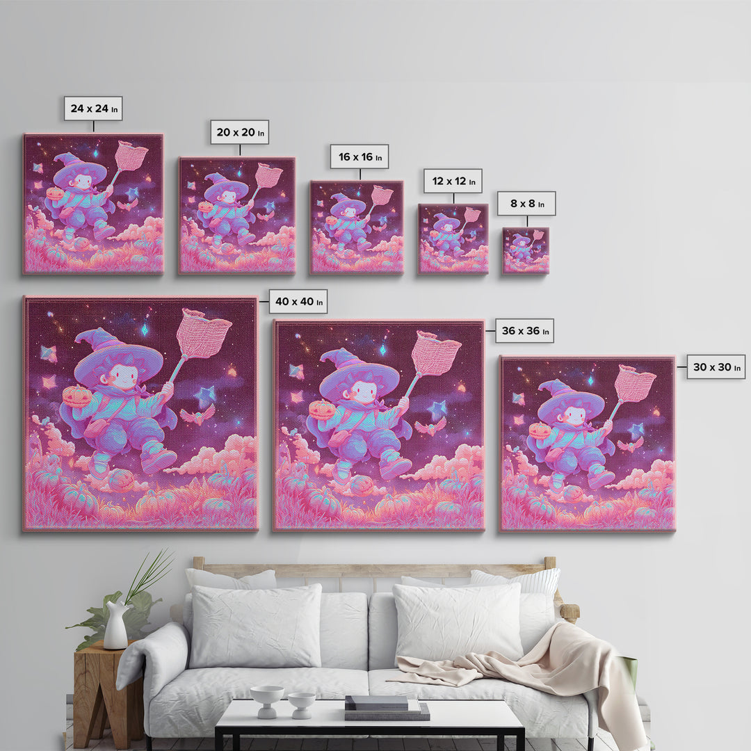 The Cloud-Catching Wizard, Retro Neon Halloween Art, Square Wall Art, Canvas Print, Retro Halloween Decor, Neon Wall Art, Horror Wall Art