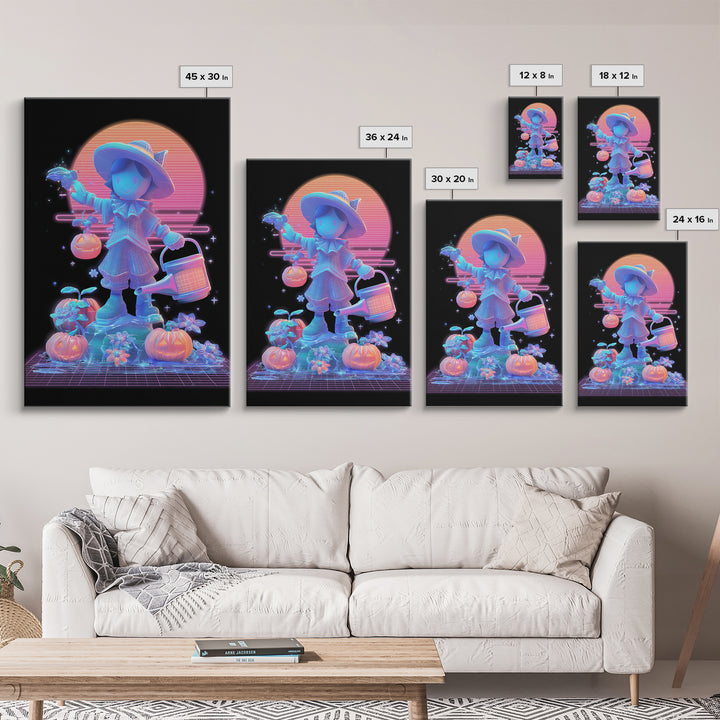 The Moon Garden Witch, Retro Neon Halloween Art, Vertical Wall Art, Canvas Print, Retro Halloween Decor, Neon Wall Art, Seasonal Home Decor