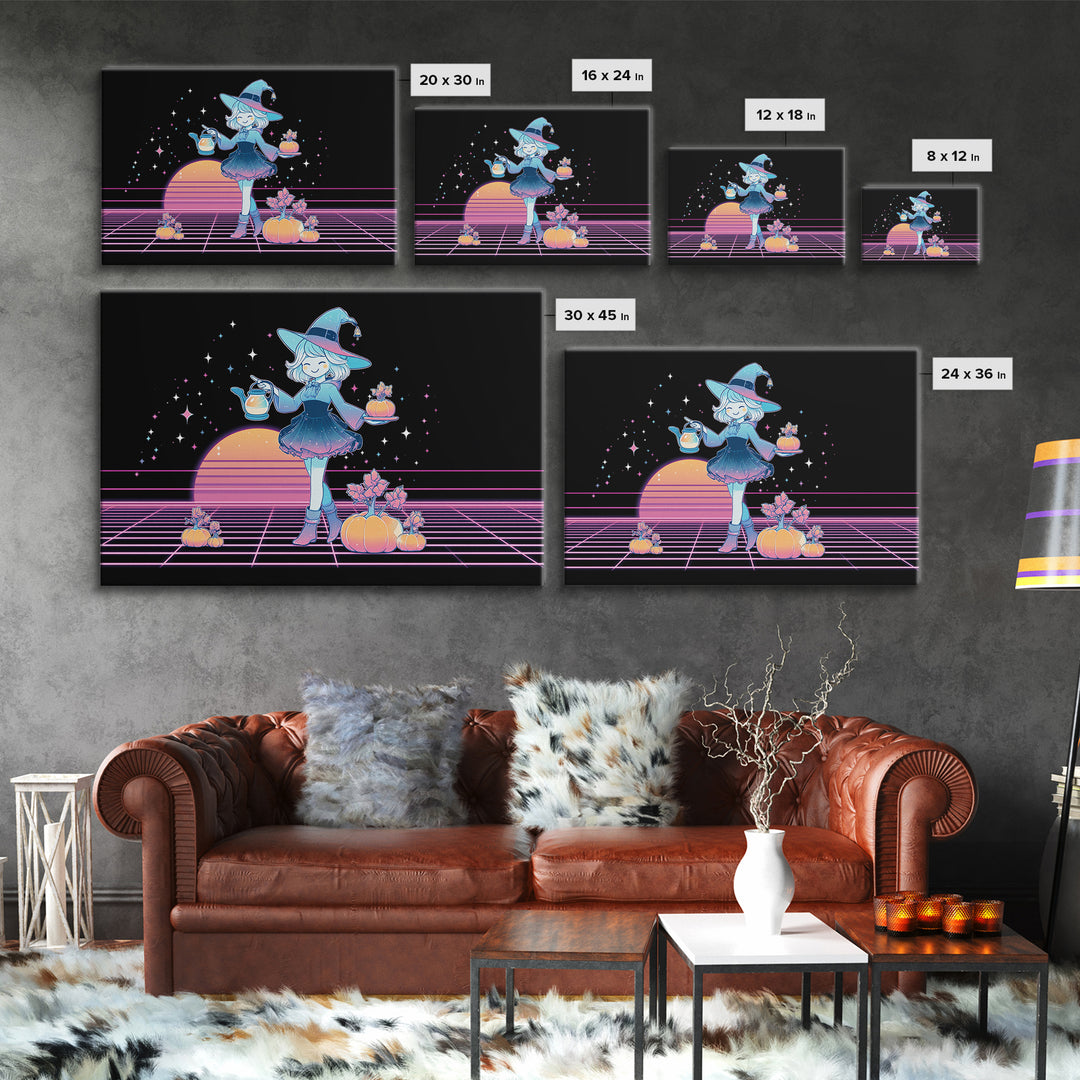 The Moon Garden Witch, Cute Spooky Neon Art, Landscape Wall Art, Canvas Print, Retro Halloween Decor, Neon Wall Art, Horror Wall Art