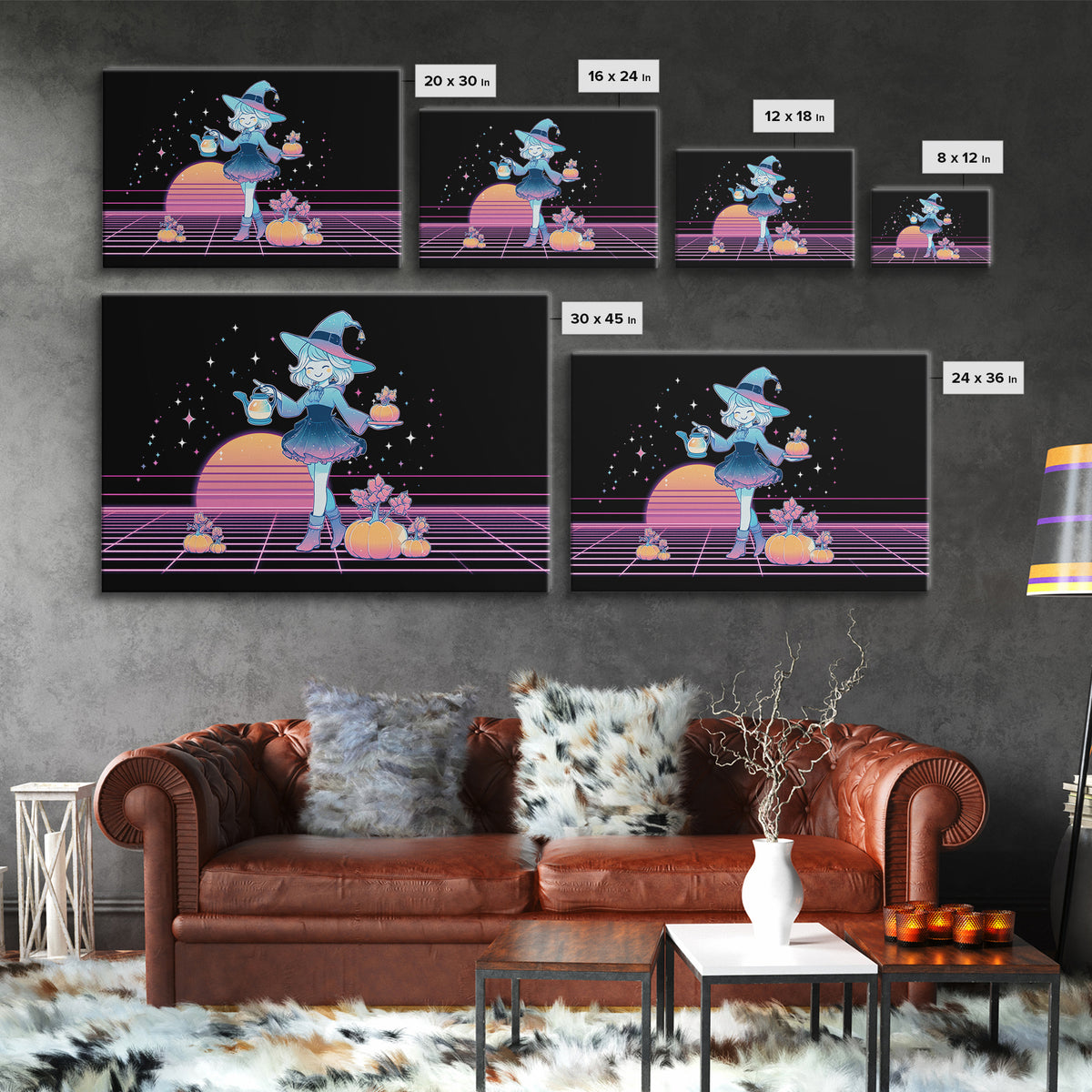 The Moon Garden Witch, Cute Spooky Neon Art, Landscape Wall Art, Canvas Print, Retro Halloween Decor, Neon Wall Art, Horror Wall Art