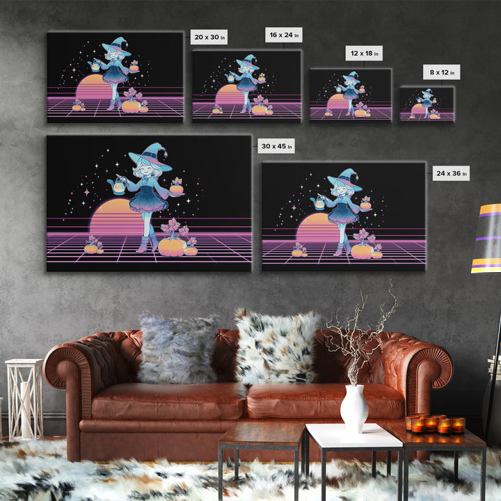 The Moon Garden Witch, Cute Spooky Neon Art, Landscape Wall Art, Canvas Print, Retro Halloween Decor, Neon Wall Art, Horror Wall Art