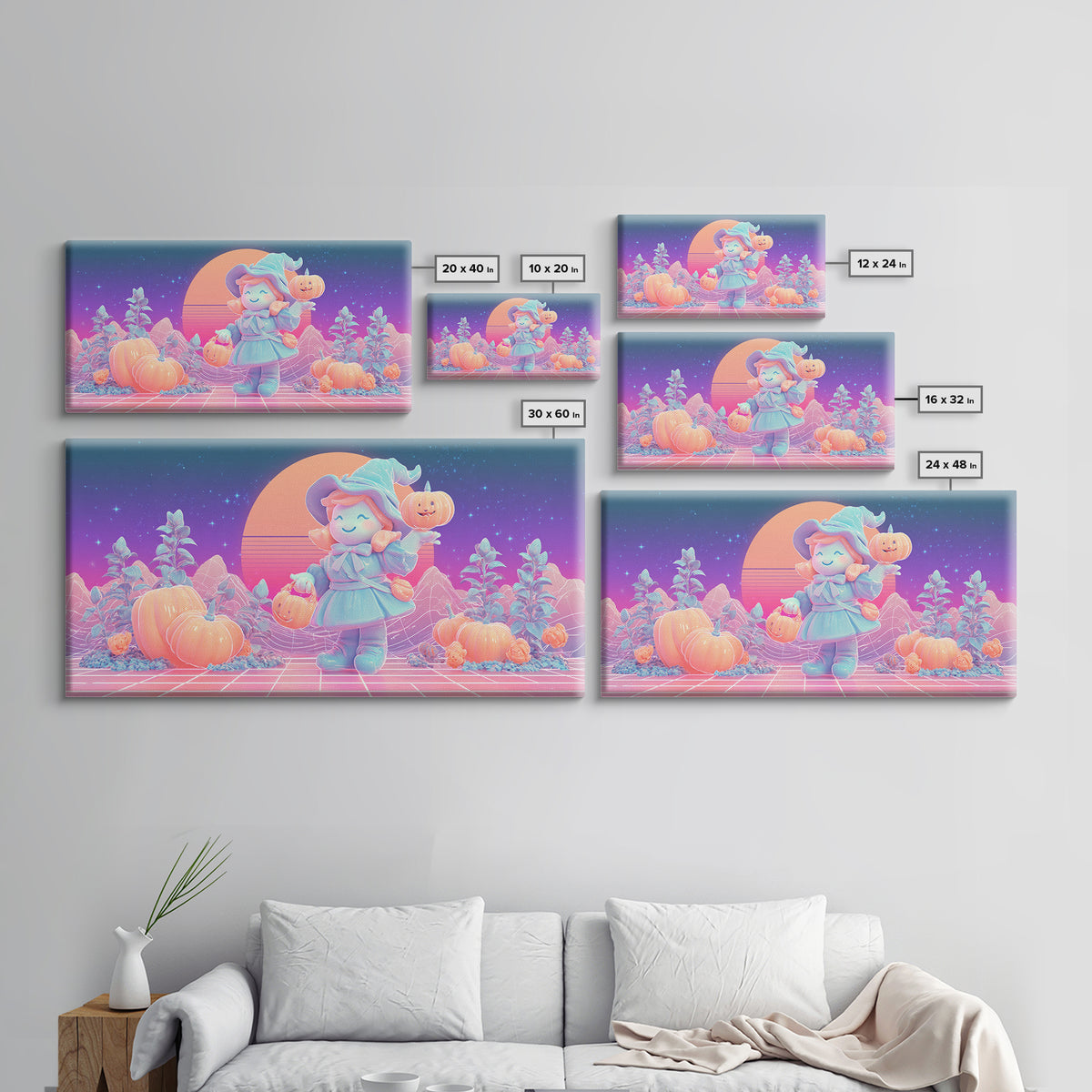 The Moon Garden Witch, Synthwave Halloween Art, Wide Panoramic Art, Framed Canvas Print, Retro Halloween Decor, Neon Wall Art