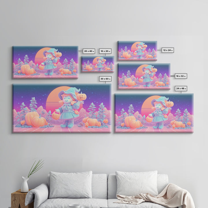 The Moon Garden Witch, Synthwave Halloween Art, Wide Panoramic Art, Framed Canvas Print, Retro Halloween Decor, Neon Wall Art