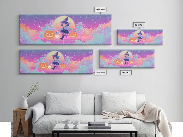 The Moon Garden Witch, 80s Halloween Wall Art, Extra Wide Wall Art, Framed Canvas Print, Retro Halloween Decor, Neon Wall Art