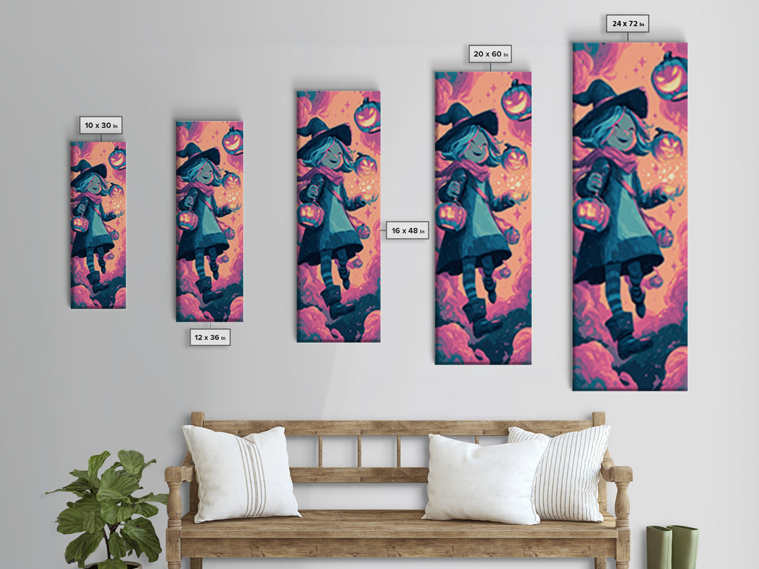The Lantern-Light Wizard, 80s Halloween Wall Art, Tall Narrow Wall Art, Framed Canvas Print, Retro Halloween Decor, Neon Wall Art