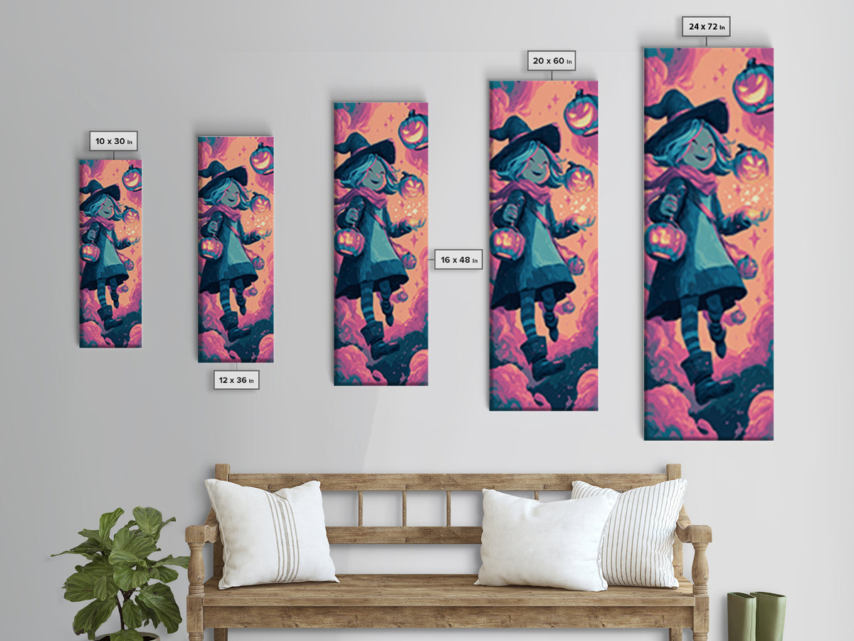 The Lantern-Light Wizard, 80s Halloween Wall Art, Tall Narrow Wall Art, Framed Canvas Print, Retro Halloween Decor, Neon Wall Art