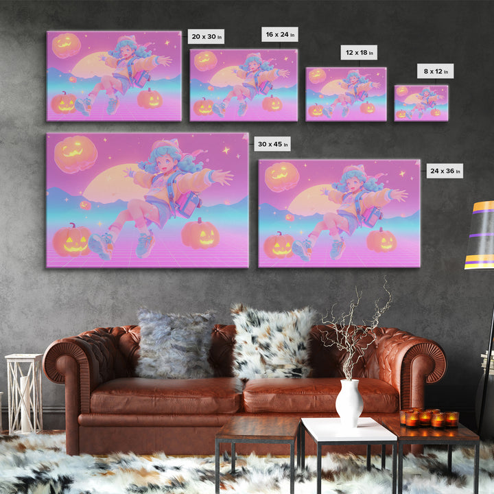 The Candy Map Adventurers, Retro Neon Halloween Art, Landscape Wall Art, Framed Canvas Print, Retro Halloween Decor, Neon Wall Art