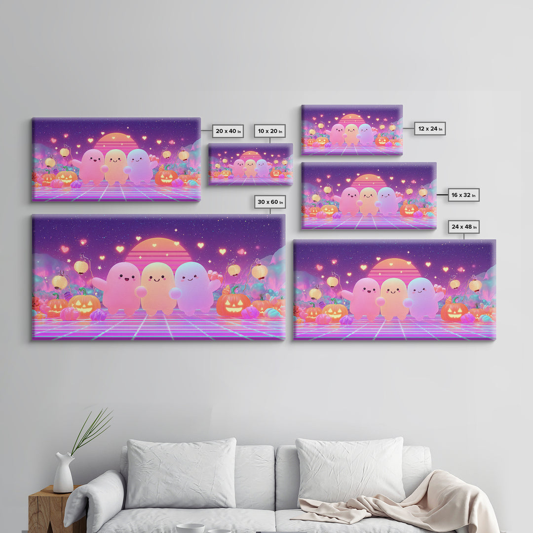 The Halloween Friendship Spell, 80s Halloween Wall Art, Wide Panoramic Art, Canvas Print, Retro Halloween Decor, Neon Wall Art