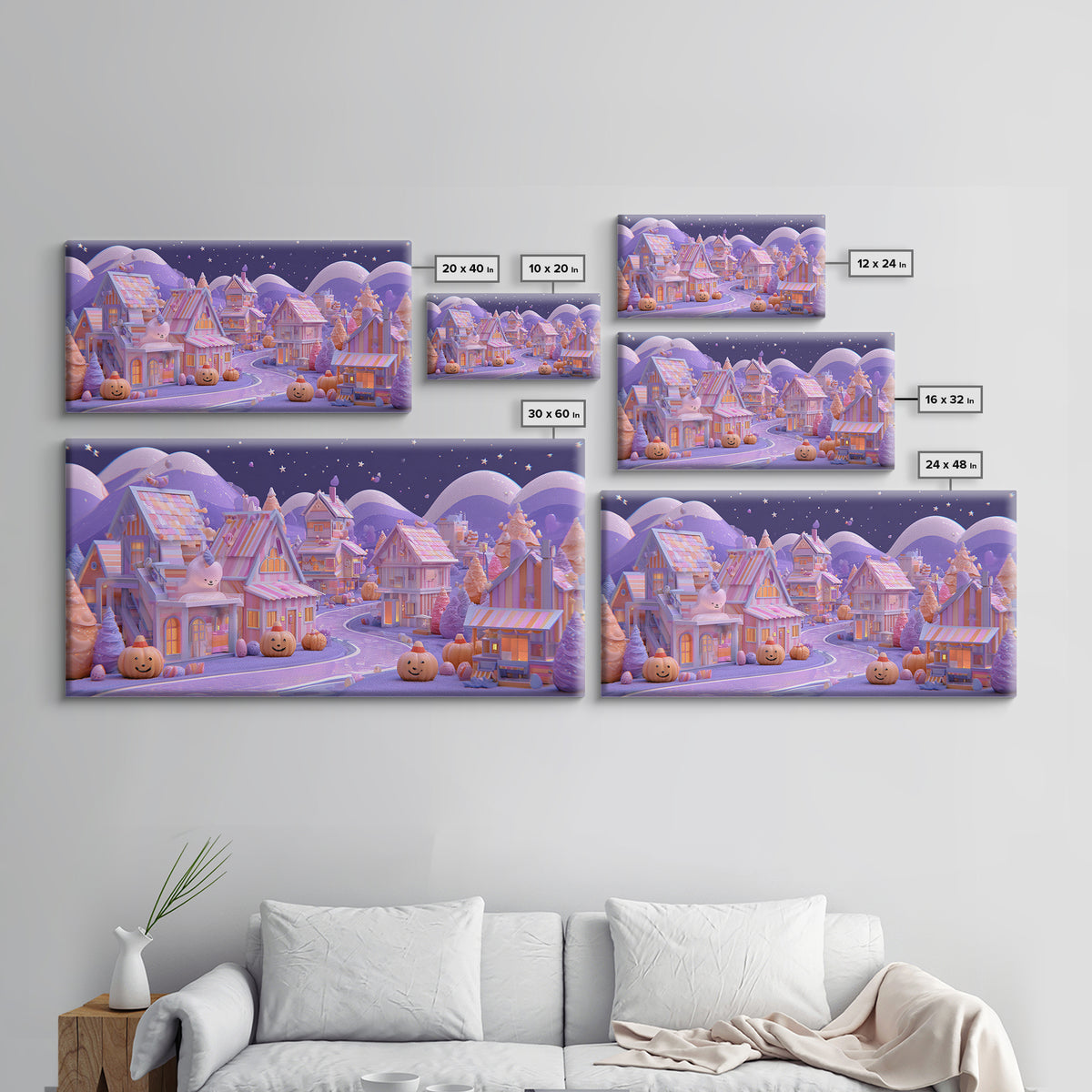 Candy Corn Village, 80s Halloween Wall Art, Wide Panoramic Art, Framed Canvas Print, Retro Halloween Decor, Neon Wall Art