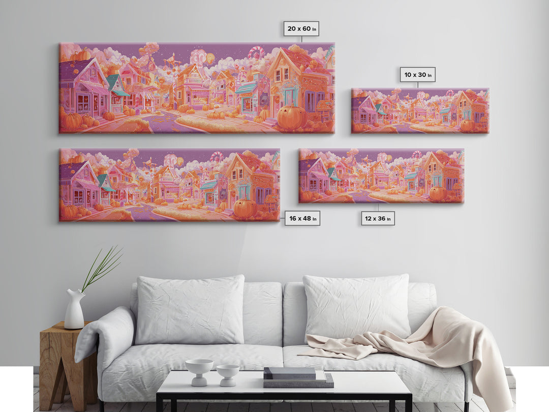 Candy Corn Village, Retro Neon Halloween Art, Extra Wide Wall Art, Canvas Print, Retro Halloween Decor, Neon Wall Art, Statement Wall Art