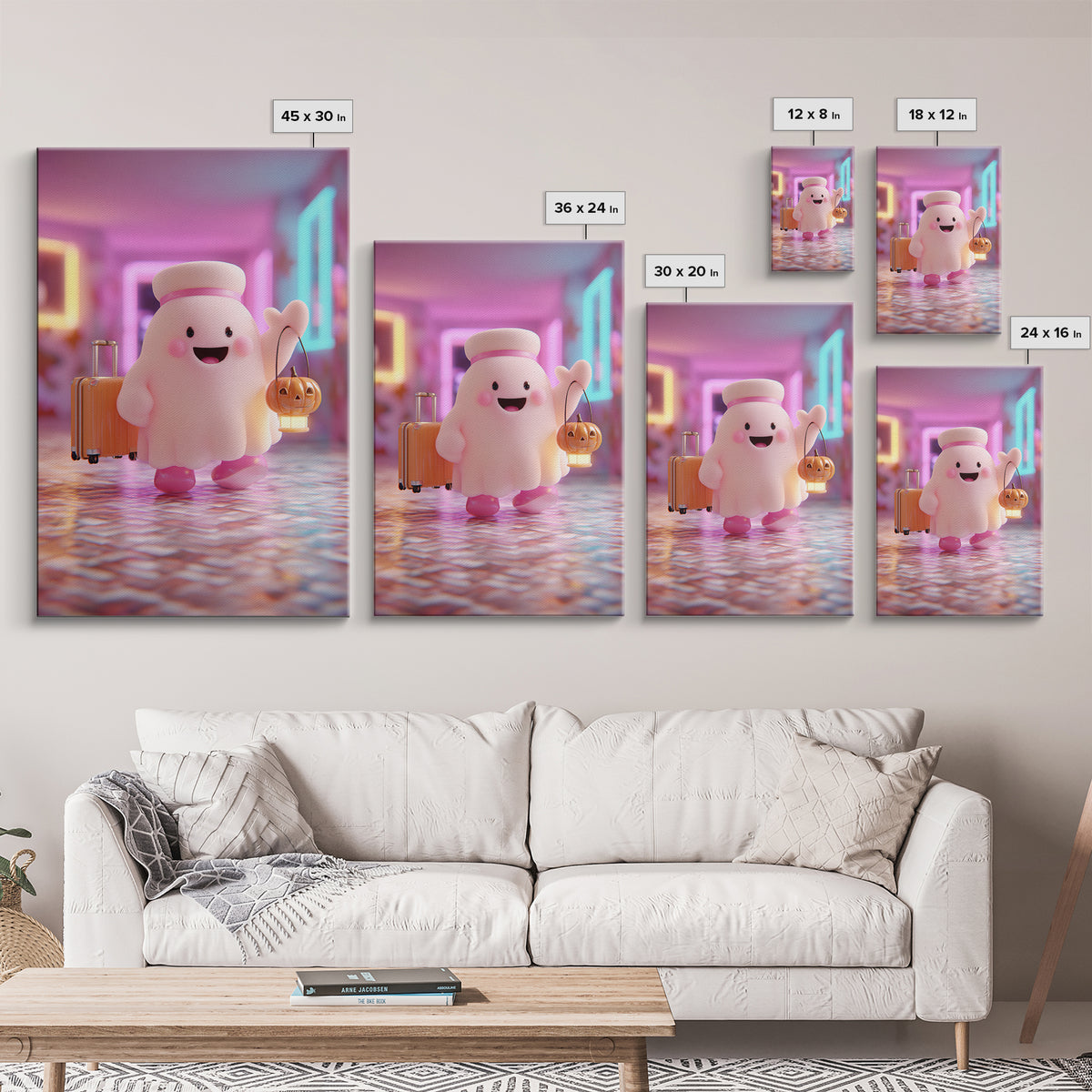 The Friendly Ghost Hotel, Retro Neon Halloween Art, Vertical Wall Art, Canvas Print, Retro Halloween Decor, Neon Wall Art, Horror Wall Art