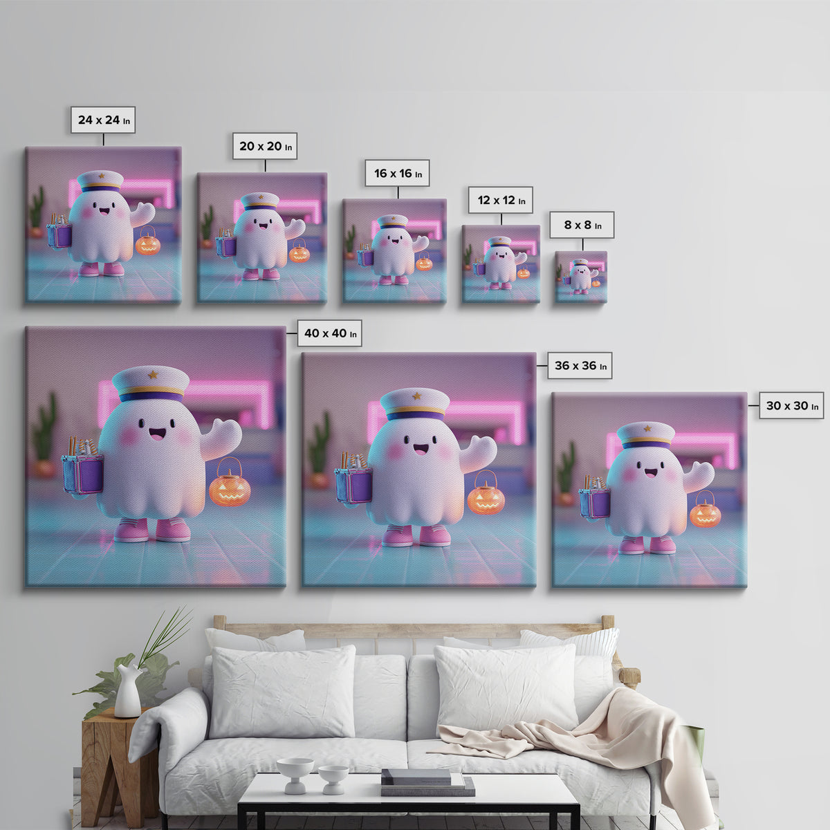 The Friendly Ghost Hotel, 80s Halloween Wall Art, Square Wall Art, Canvas Print, Retro Halloween Decor, Neon Wall Art, Horror Wall Art