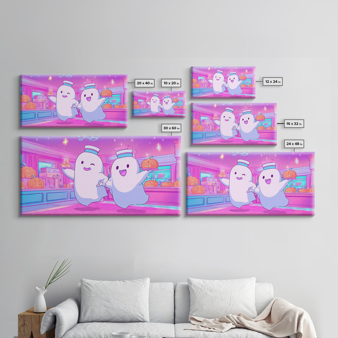 The Friendly Ghost Hotel, Cute Spooky Neon Art, Wide Panoramic Art, Framed Canvas Print, Retro Halloween Decor, Neon Wall Art
