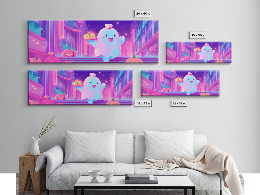 The Friendly Ghost Hotel, Cute Spooky Neon Art, Extra Wide Wall Art, Canvas Print, Retro Halloween Decor, Neon Wall Art, Dark Fantasy Art