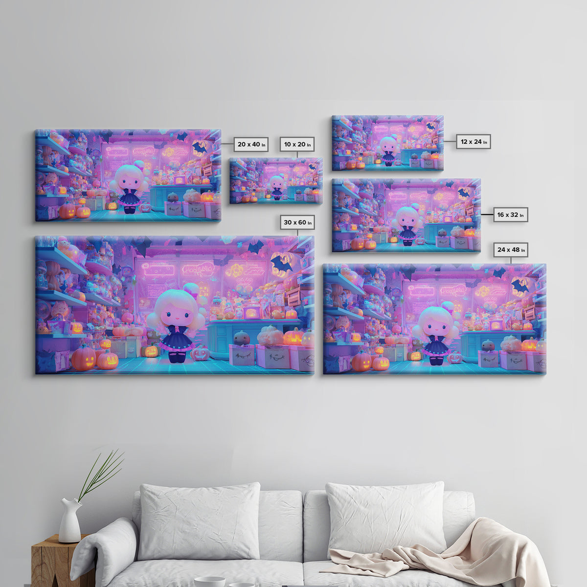 The Moonlight Toy Shop, Vaporwave Halloween Decor, Wide Panoramic Art, Canvas Print, Retro Halloween Decor, Neon Wall Art