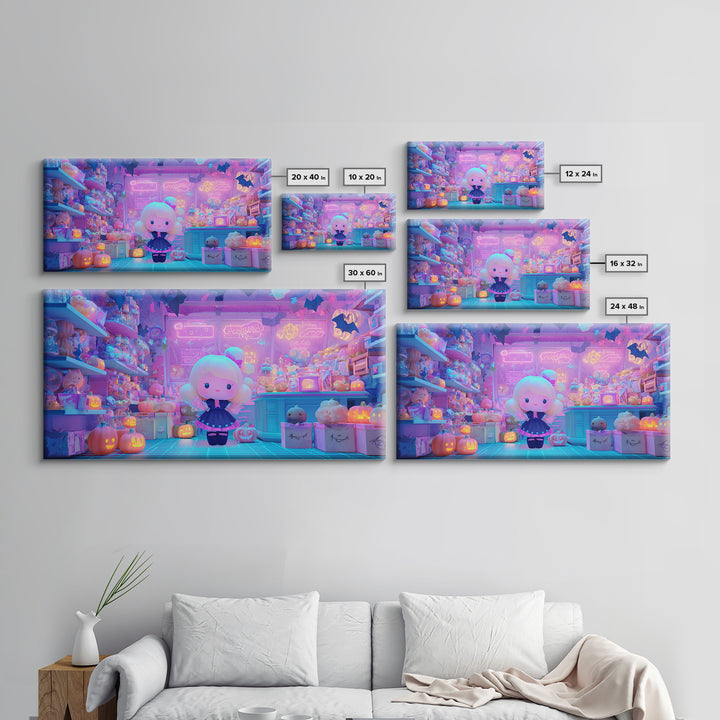 The Moonlight Toy Shop, Vaporwave Halloween Decor, Wide Panoramic Art, Canvas Print, Retro Halloween Decor, Neon Wall Art