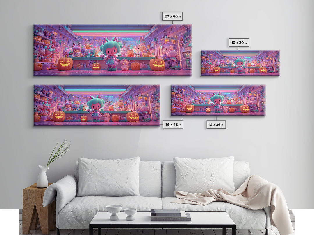 The Moonlight Toy Shop, Cute Spooky Neon Art, Extra Wide Wall Art, Canvas Print, Retro Halloween Decor, Neon Wall Art, Statement Wall Art