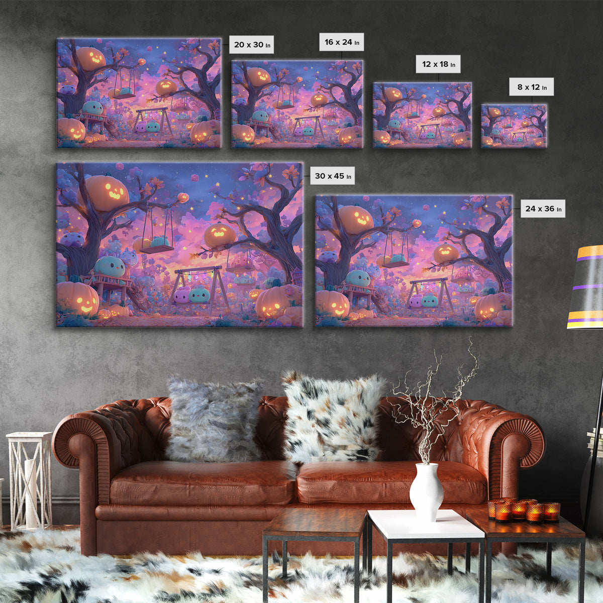 The Pumpkin Patch Playground, Synthwave Halloween Art, Landscape Wall Art, Canvas Print, Retro Halloween Decor, Neon Wall Art