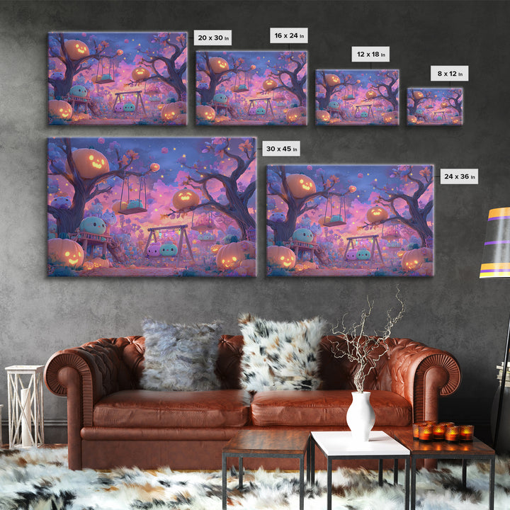 The Pumpkin Patch Playground, Synthwave Halloween Art, Landscape Wall Art, Canvas Print, Retro Halloween Decor, Neon Wall Art