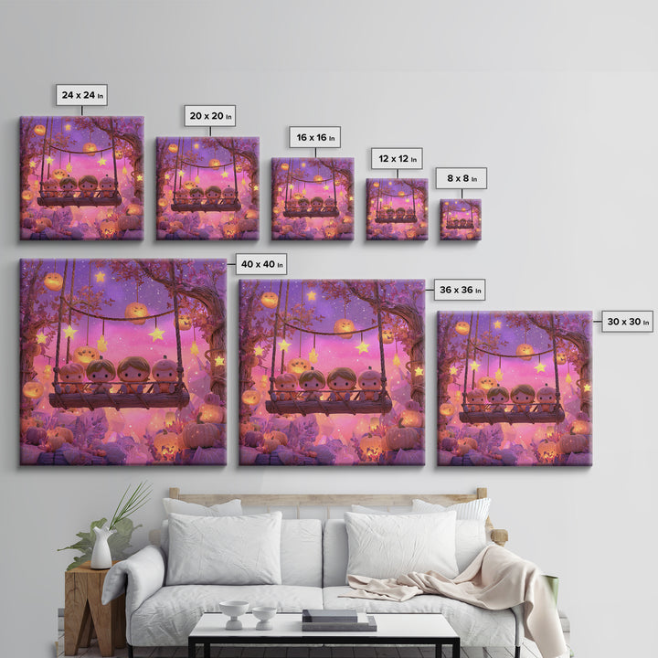 The Pumpkin Patch Playground, Retro Neon Halloween Art, Square Wall Art, Canvas Print, Retro Halloween Decor, Neon Wall Art