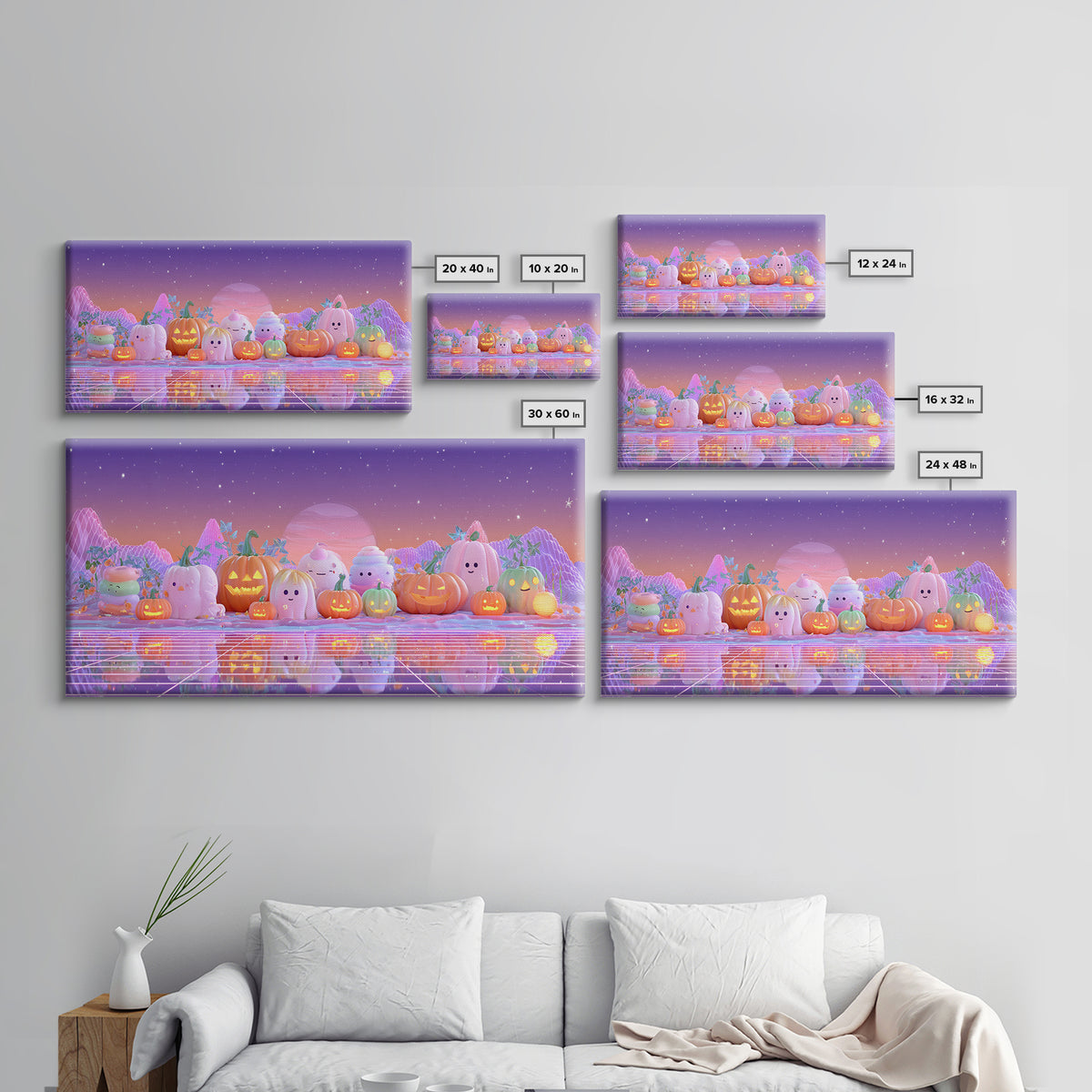 The Pumpkin Patch Playground, Vaporwave Halloween Decor, Wide Panoramic Art, Framed Canvas Print, Retro Halloween Decor, Neon Wall Art