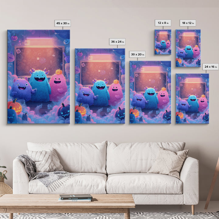 The Little Monster School, 80s Halloween Wall Art, Vertical Wall Art, Canvas Print, Retro Halloween Decor, Neon Wall Art, Spooky Wall Decor