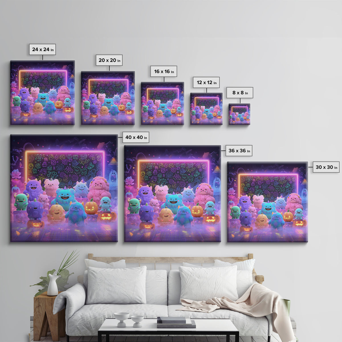 The Little Monster School, Synthwave Halloween Art, Square Wall Art, Canvas Print, Retro Halloween Decor, Neon Wall Art, Seasonal Home Decor