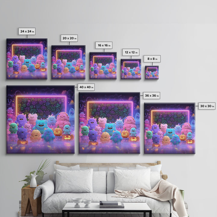 The Little Monster School, Synthwave Halloween Art, Square Wall Art, Canvas Print, Retro Halloween Decor, Neon Wall Art, Seasonal Home Decor